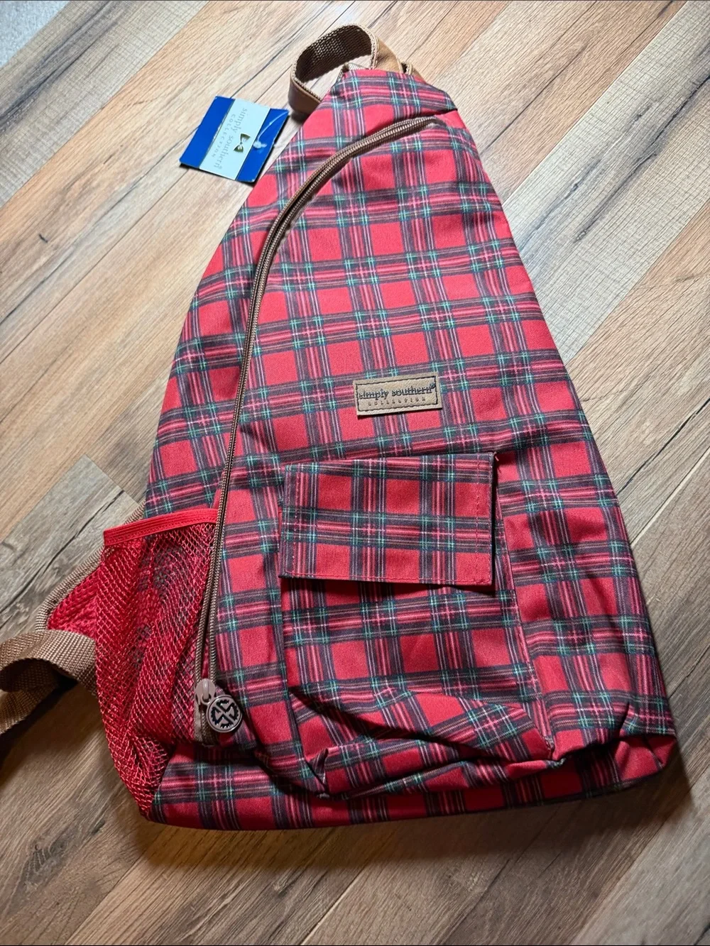 Simply Southern Red Tartan Plaid Sling Backpack